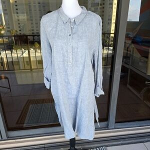Eileen Fisher Linen Light Gray Button-Up Shirt Dress XL